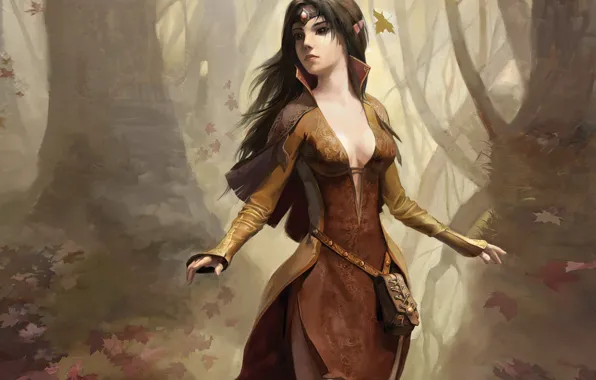 Girl, Forest, Leaves, Renaissance, Disciples 3, Elf, Nevendaar