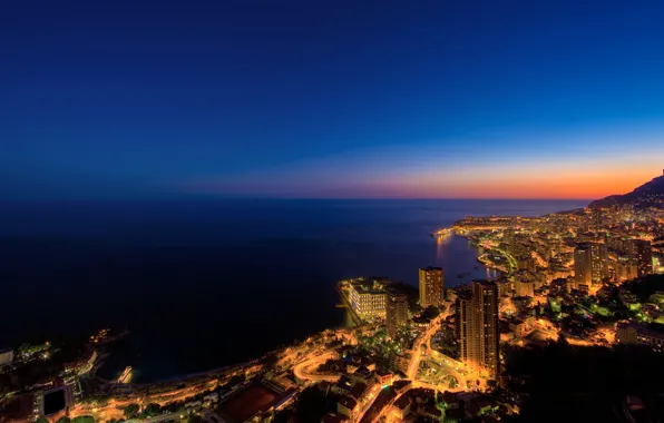 Sea, water, mountains, night, lights, city, the ocean, shore