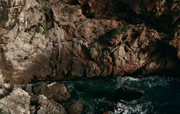 Sea, girl, mountains, nature, rocks, naked, tans