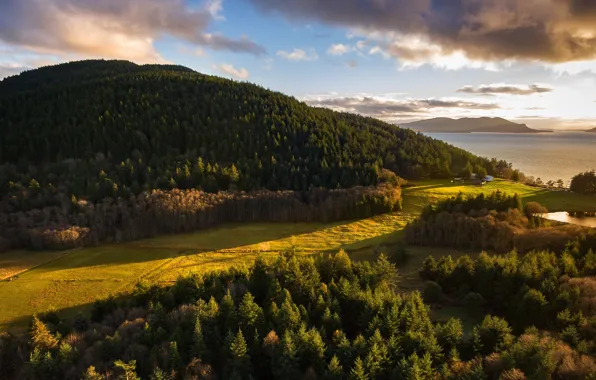 Field, forest, the sky, clouds, light, mountains, the slopes, view