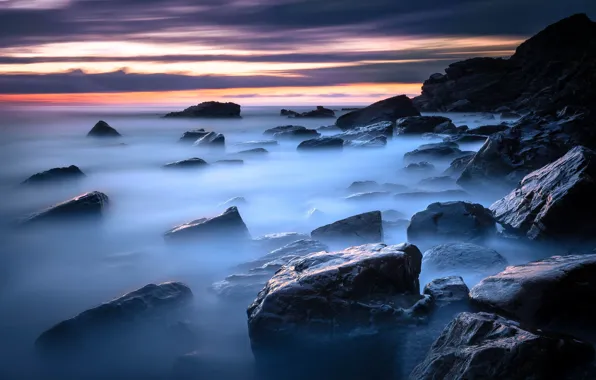 Sea, the sky, clouds, sunset, fog, stones, rocks, shore