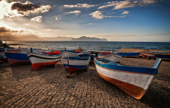 Picture mountains, lake, boats, pier, Italy, ITALY, Sicily