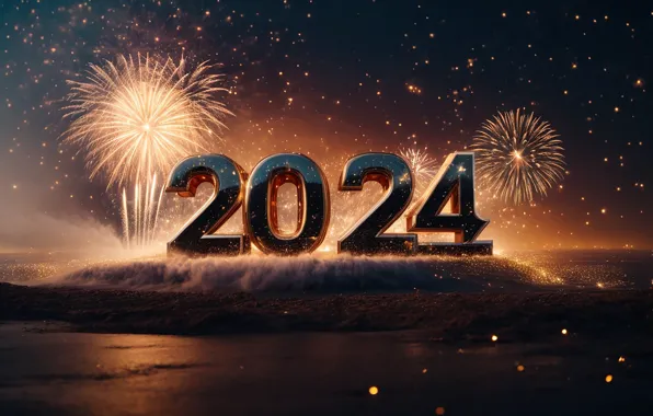 Picture salute, figures, New year, golden, numbers, New year, 2024, fieworks