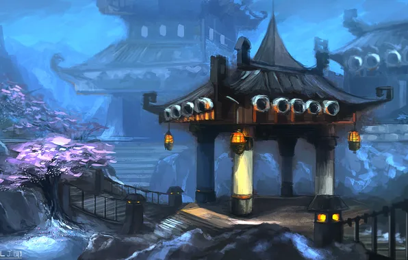 Asia, Sakura, art, lights, World of Warcraft, gazebo