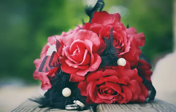 Red, roses, bouquet, ring