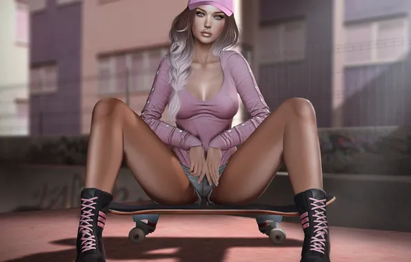 Girl, face, style, cap, legs, sitting, skate