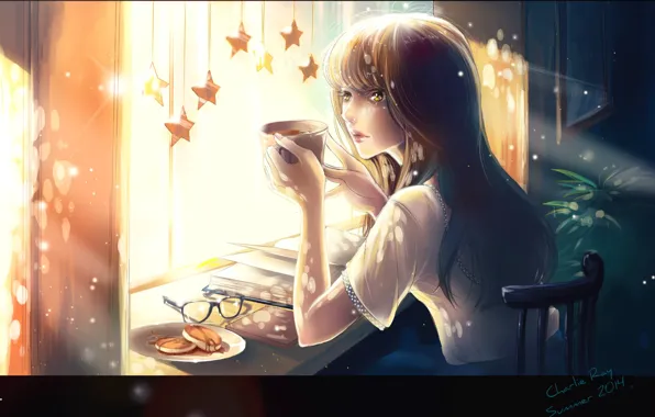 Girl, light, window, glasses, mug, book, red, stars