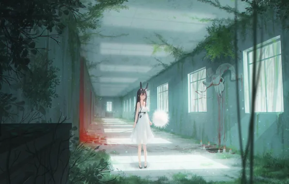 Girl, blood, skull, corridor, ears
