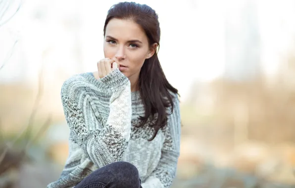 Picture look, girl, face, eyelashes, hair, hand, jacket, sitting