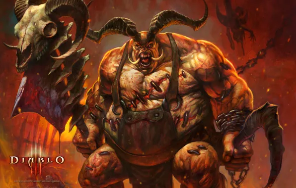 Picture blood, monster, horns, axe, Diablo III, Blizzard Entertainment, demon., butcher