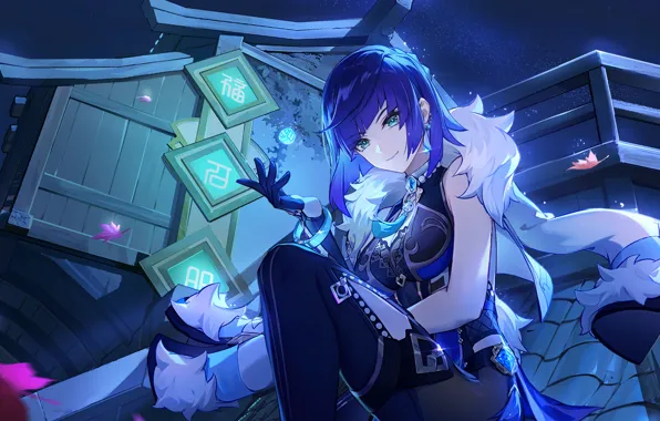 Roof, night, smile, characters, character, Genshin Impact, Yelan