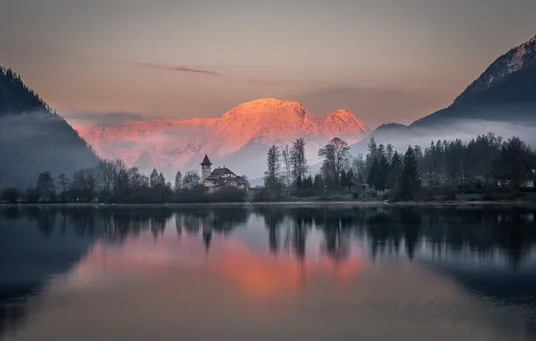 Forest, the sky, light, snow, mountains, fog, lake, house