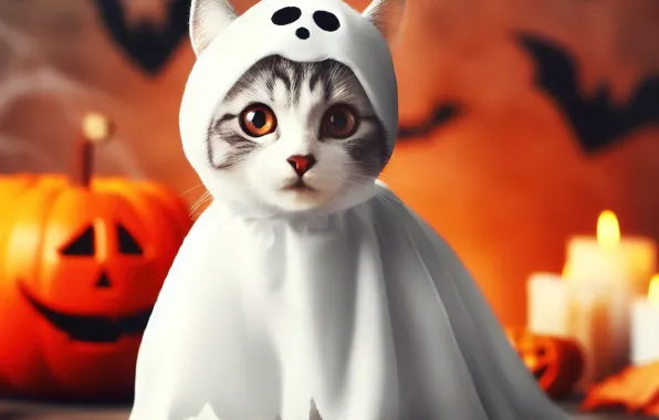 Cat, kitty, blanket, Halloween, Halloween, sheets, AI art, neural network