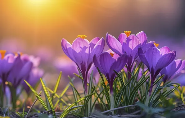 Light, flowers, glade, spring, crocuses, lilac, Krokus, bokeh