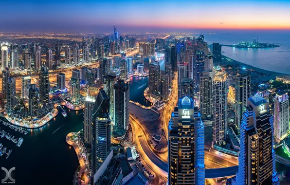 Lights, the evening, Dubai, skyscrapers, UAE, Goro