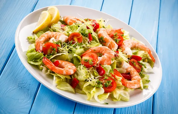 Picture greens, plate, vegetables, tomatoes, dish, salad, shrimp