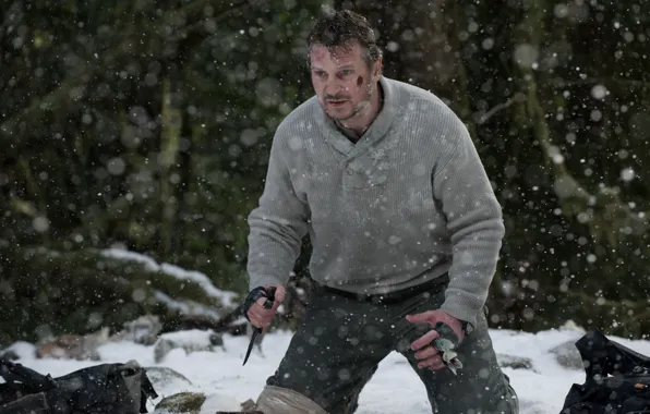 Picture winter, forest, snow, frame, knife, Fight, Liam Neeson, Liam Neeson