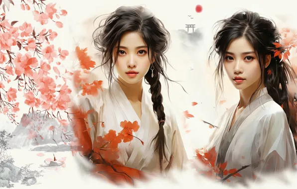 Brunette, white background, Asian, flowering, digital art, digital art, Sakura, Japanese motifs