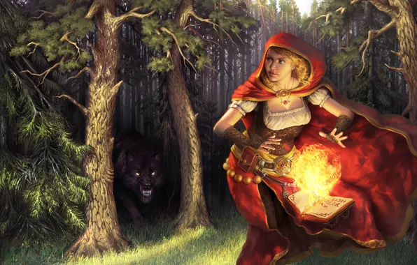 Picture forest, girl, trees, fire, magic, ball, wolf, predator
