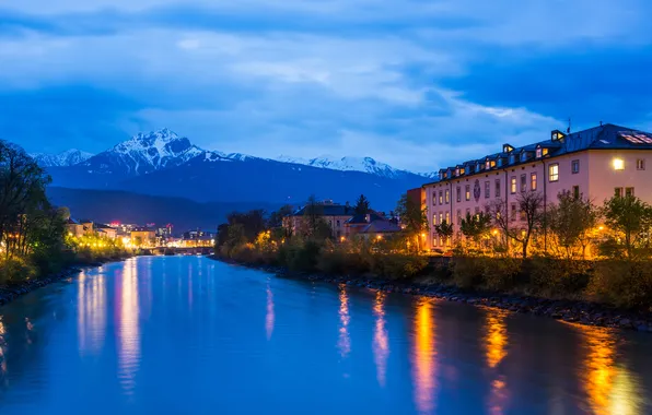 Picture snow, mountains, river, home, the evening, Austria, mountains, rivers