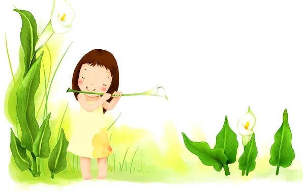 Grass, leaves, flowers, smile, dress, girl, baby Wallpaper
