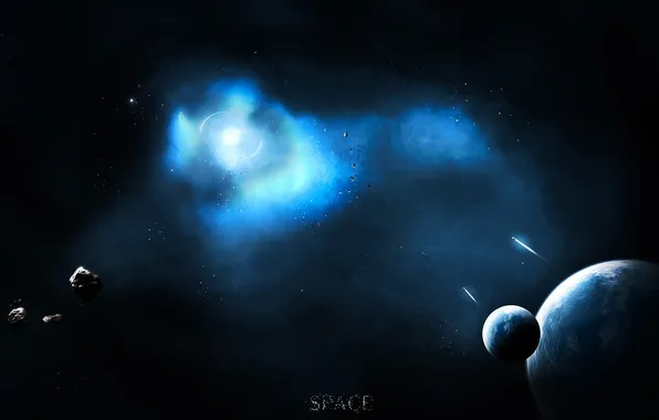Picture space, fragments, planet, meteorite, satellites