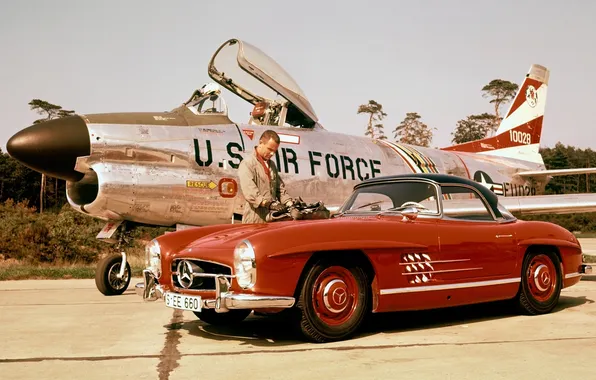 Red, Mercedes-Benz, fighter, Mercedes, male, sports car, the plane, classic