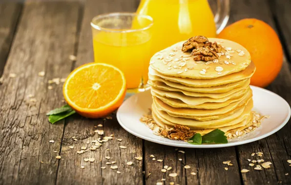 Breakfast, juice, Orange, pancakes, wood, fruit, orange, Nuts