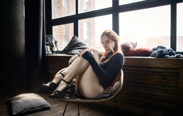 Ass, bodysuit, model, women, window, redhead, freckles, looking at viewer