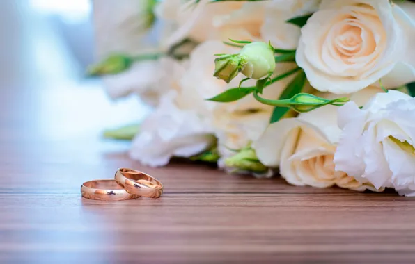 Picture flowers, roses, bouquet, ring, white, wedding, bokeh
