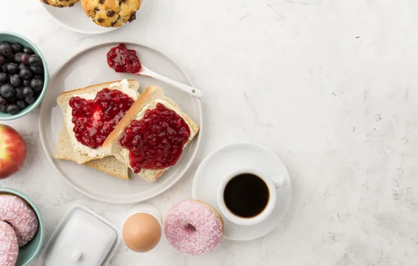 Egg, coffee, donut, jam, cupcake, sandwiches