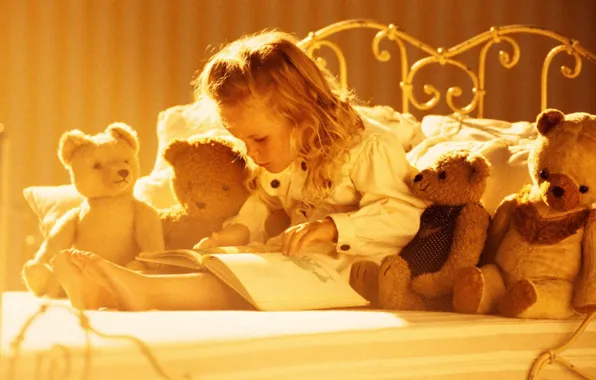 Picture toys, bears, girl, book