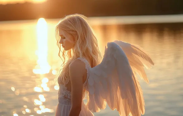 Picture Water, Girl, Blonde, Angel, Dawn, Hair, Wings, Digital art