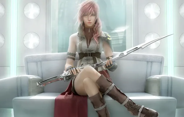 Picture sword, pink hair, long hair, weapon, woman, lightning, final fantasy, skirt