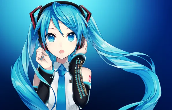 Surprise, anime, headphones, Girl, Hatsune Miku, Anime, Vocaloid, blue hair