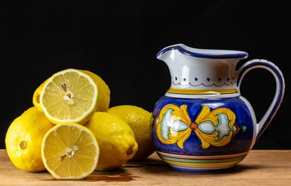 Picture pitcher, still life, lemons