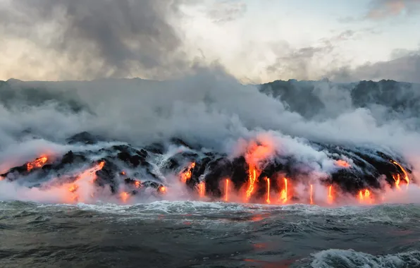 The sky, water, smoke, the volcano, the eruption, Hawaii, lava, sky