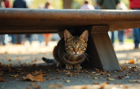 Autumn, cat, look, bench, pose, Park, kitty, people