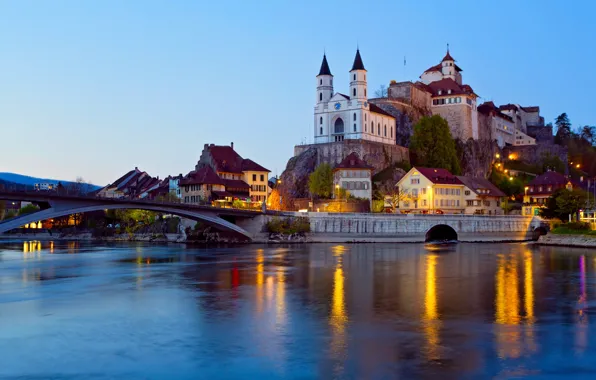 Picture bridge, river, castle, the evening, Switzerland, backlight, municipality, Aarburg