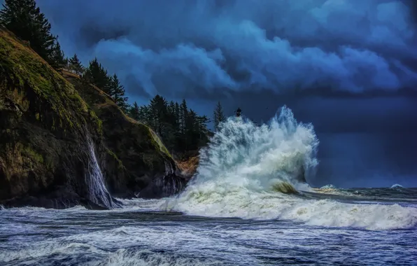 Storm, the ocean, rocks, coast, wave, Pacific Ocean, The Pacific ocean, Washington State