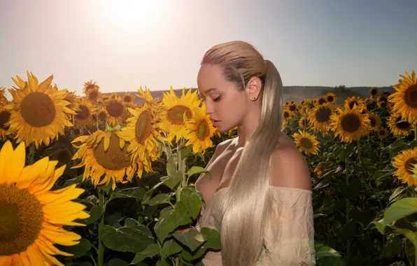 Field, girl, sunflowers, mood, blonde, neckline, long hair, Vadim Fedotov