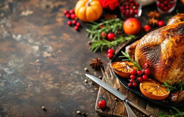 Greens, berries, blur, oranges, knife, meat, pumpkin, plug