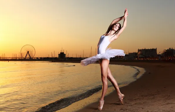 Picture sea, girl, sunset, ballerina