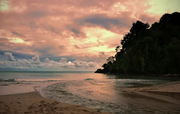Sand, beach, clouds, sunset, The Caribbean sea, Trinidad, river Grande Riviere