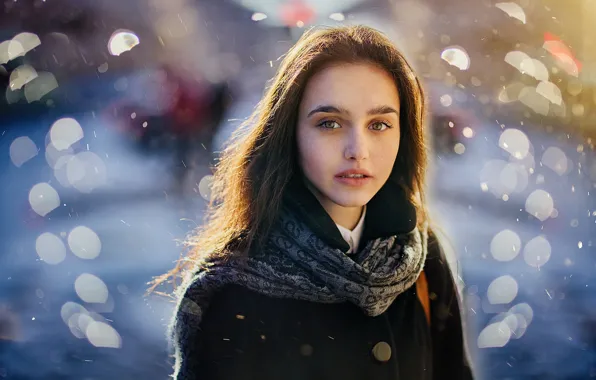 Picture look, girl, snow, scarf, photographer, coat, bokeh, Sergey Piltnik