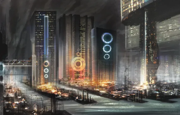 City, future, light, skyscrapers