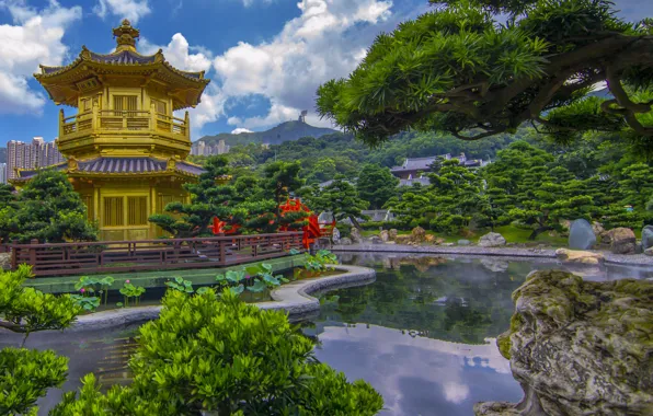 Pond, Park, landscape, China, Hong Kong, China, pagoda, Hong Kong