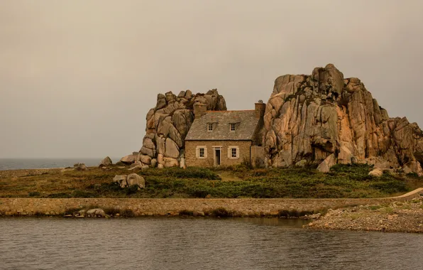 The sky, house, rocks, France, Brittany, The Castel Meur