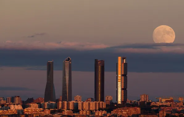 Moon, twilight, sunset, dusk, Spain, buildings, Madrid, downtown