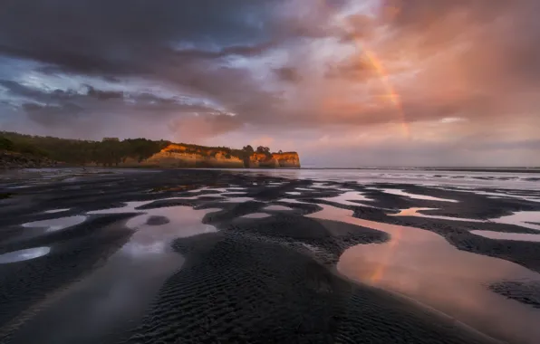 Sand, sea, the sky, clouds, overcast, rocks, shore, coast